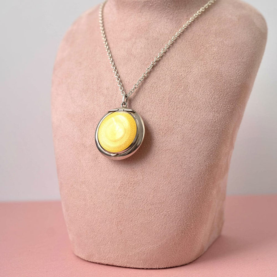 1920s Necklaces Vintage 1922 Yellow Enamel Sterling Silver Compact Locket Necklace Mayveda Jewellery
