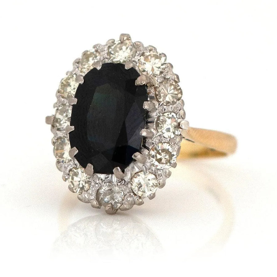 Vintage 1930s 5.35ct Sapphire 1.45ct Diamond Halo 18ct Gold Ring - Mayveda Jewelry