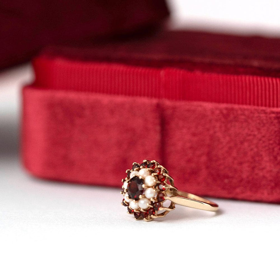 1970s Rings Vintage 1975 Garnet Pearl 9ct Gold Cocktail Ring Mayveda Jewellery