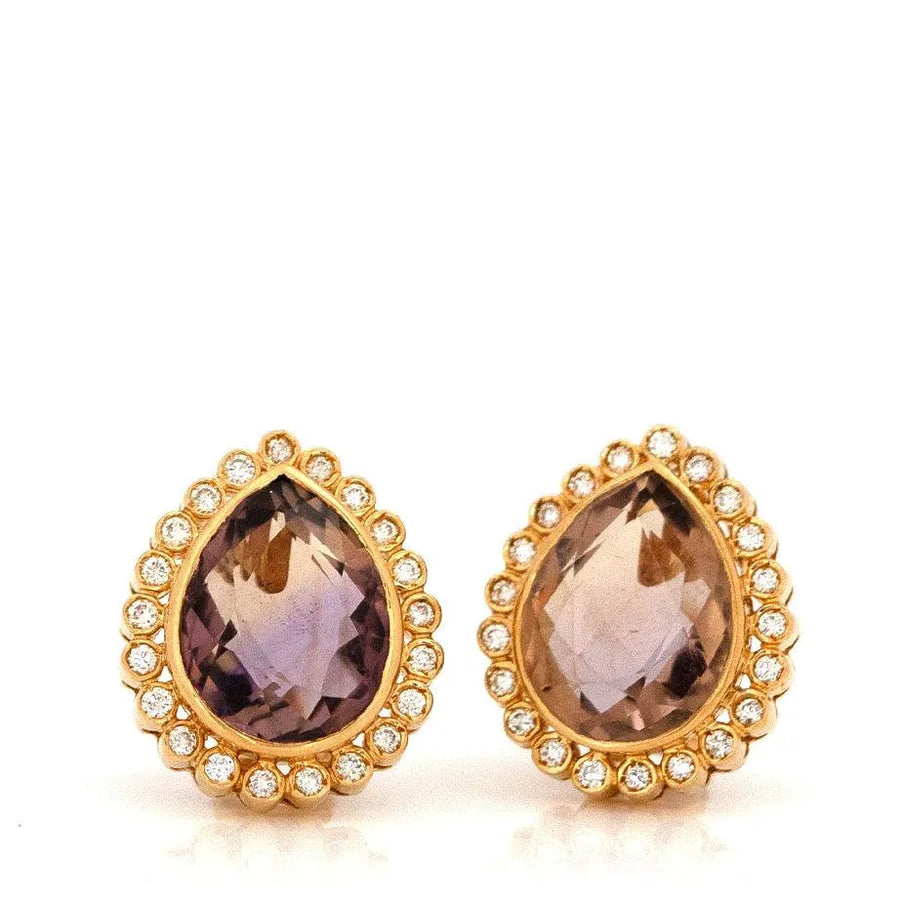 Vintage Pear Cut Ametrine 1.26ct Diamond 18ct Gold Earrings - Mayveda Jewelry