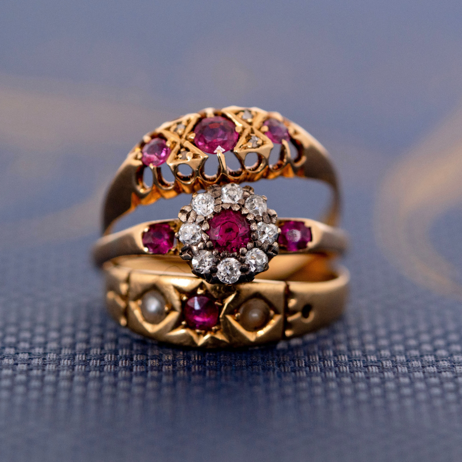 Antique 1895 18ct Gold Ruby Diamond Gypsy Ring