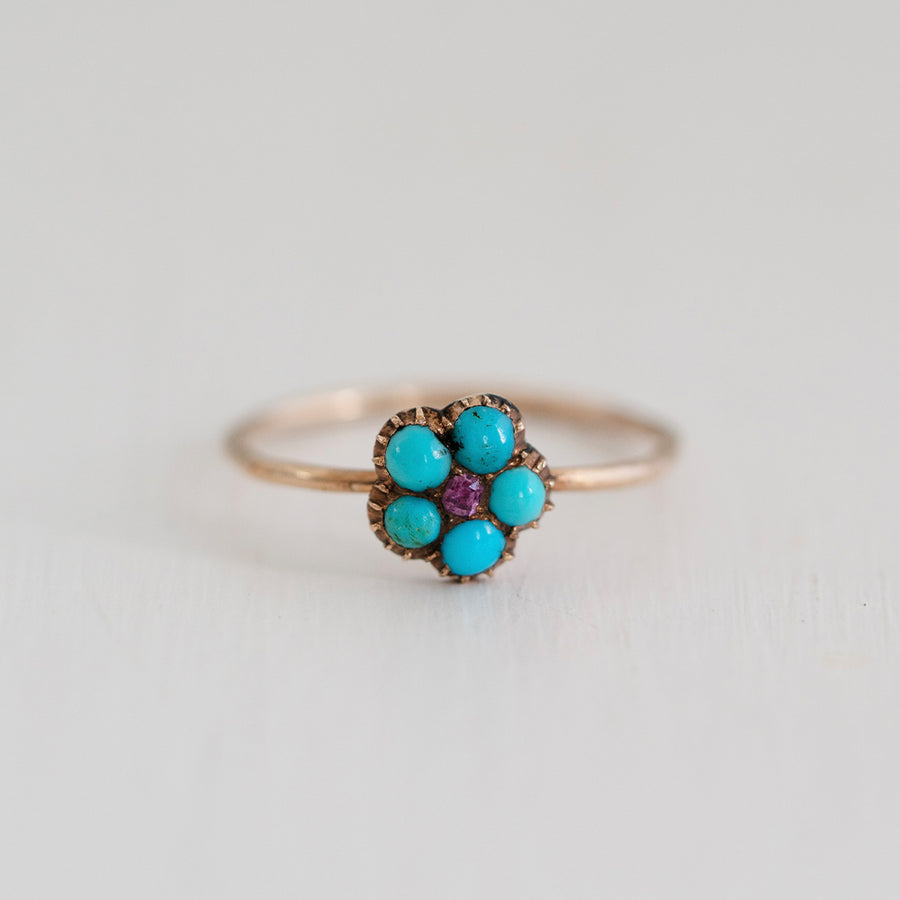 Antique c.1890s 9ct Rose Gold Turquoise & Ruby Flower Ring