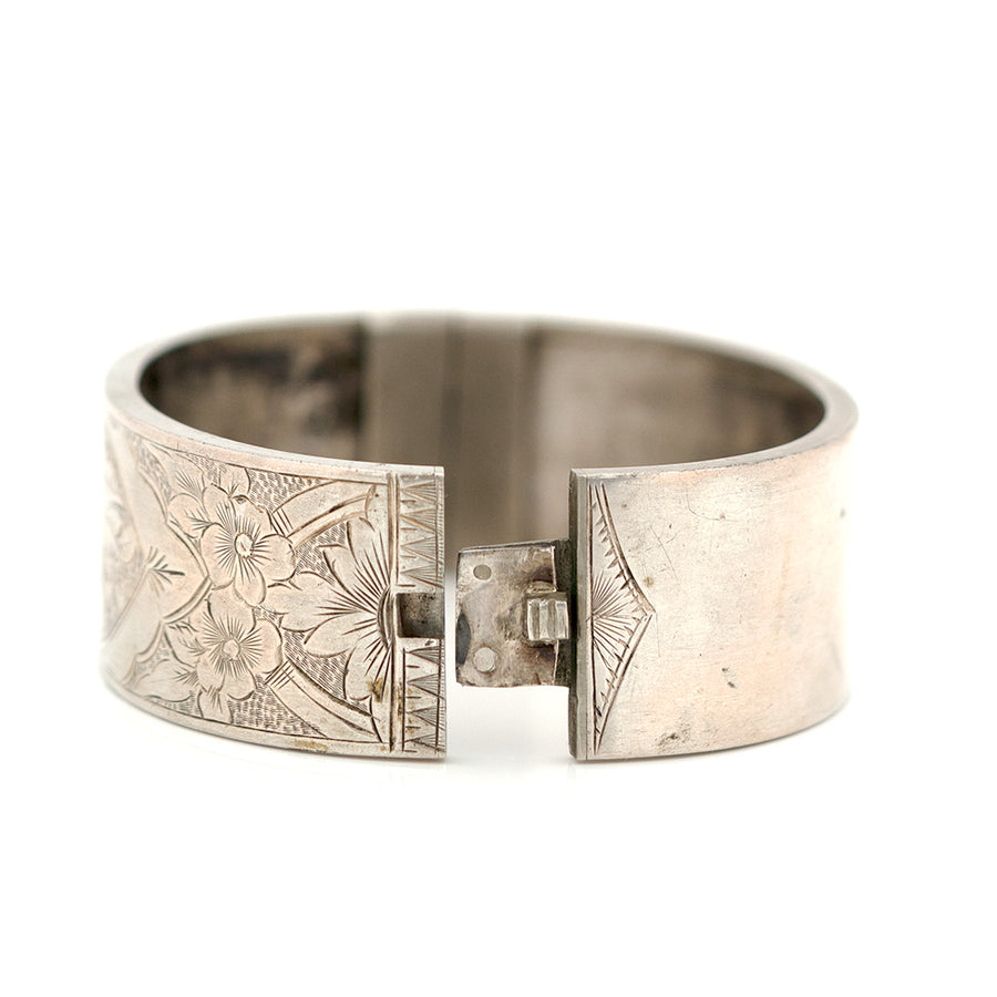 Antique Victorian Engraved Silver Bangle Bracelet - Mayveda Jewelry