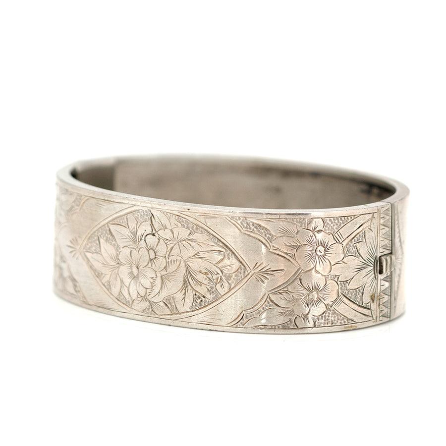 Antique Victorian Engraved Silver Bangle Bracelet - Mayveda Jewelry