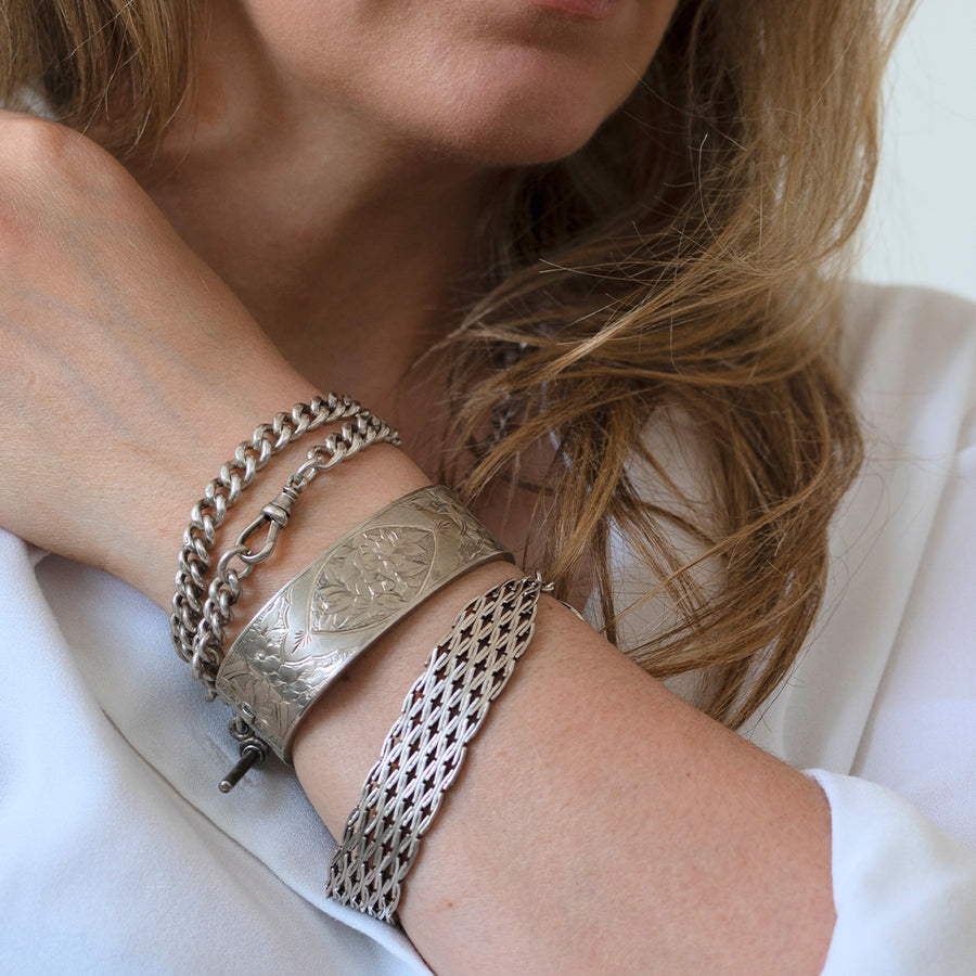 Antique Victorian Engraved Silver Bangle Bracelet - Mayveda Jewelry
