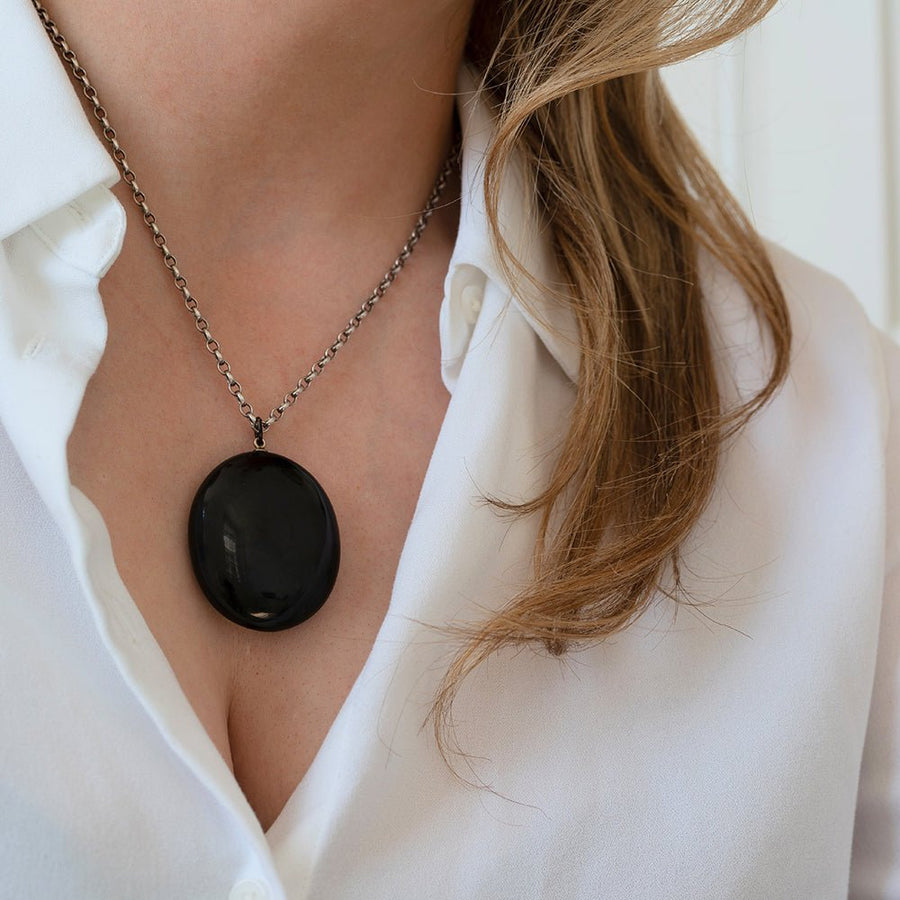 Antique 1860s Victorian Jet Mourning Hairwork Pendant Necklace