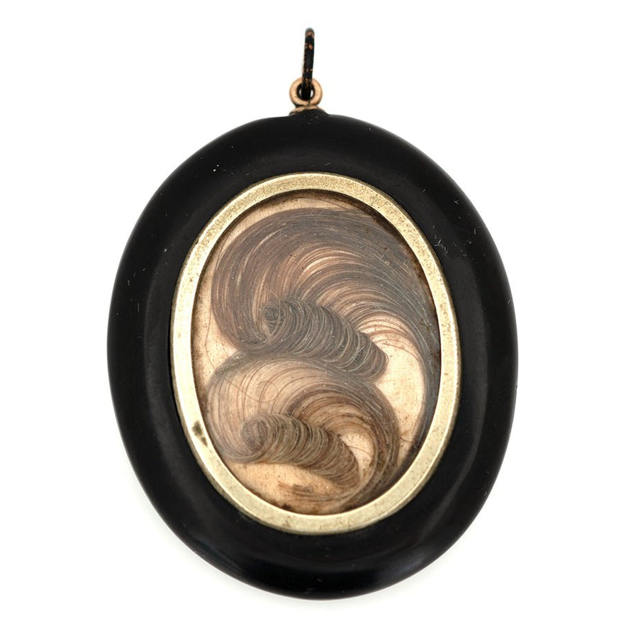 Antique 1860s Victorian Jet Mourning Hairwork Pendant Necklace