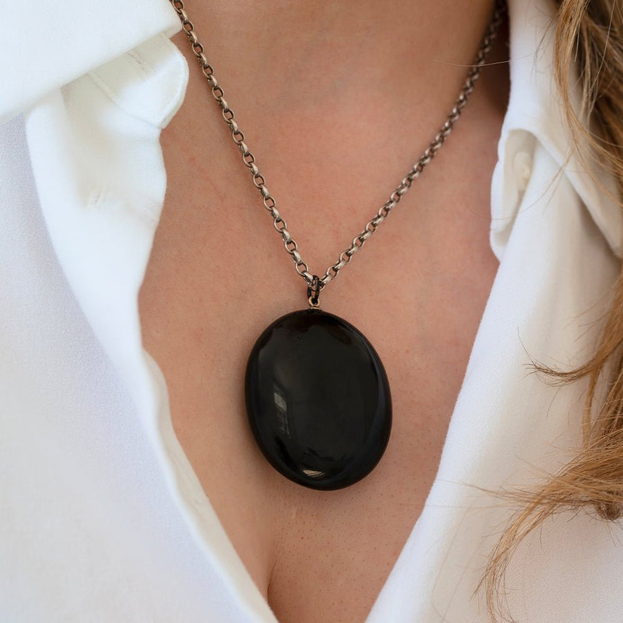 Antique 1860s Victorian Jet Mourning Hairwork Pendant Necklace