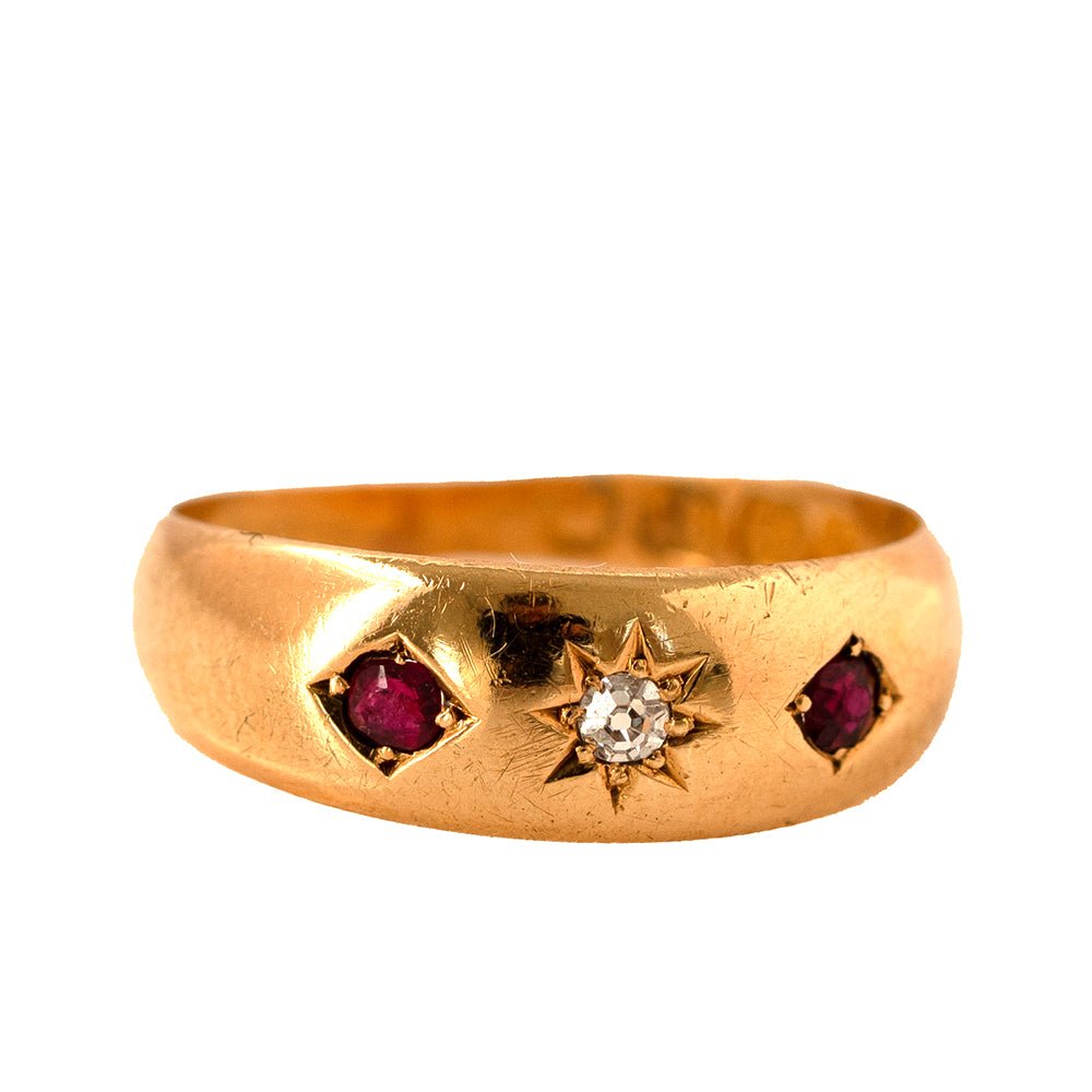 Victorian 1895 Ruby and Old Cut Diamond 18K Gold Gypsy Antique Ring, view 5