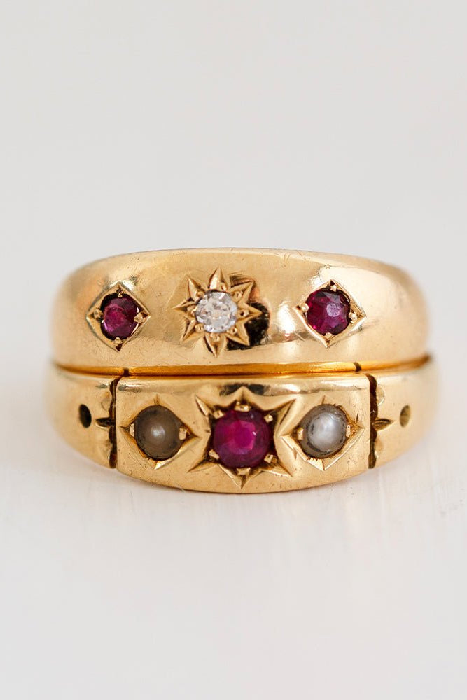 Victorian 1895 Ruby and Old Cut Diamond 18K Gold Gypsy Antique Ring, view 2