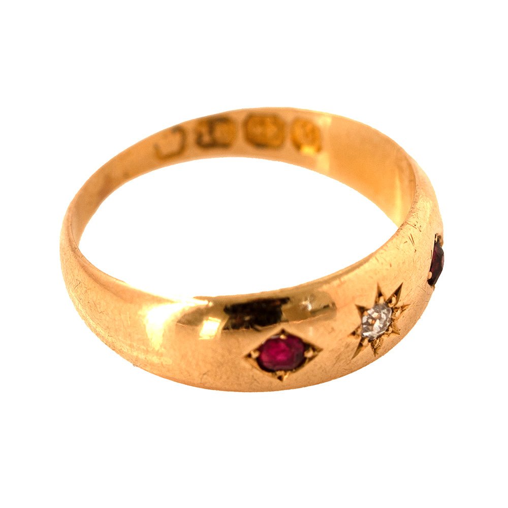 Victorian 1895 Ruby and Old Cut Diamond 18K Gold Gypsy Antique Ring, view 7