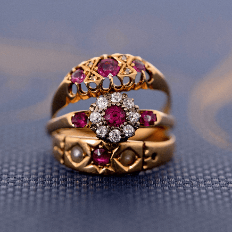 Antique 1895 18ct Gold Ruby Diamond Gypsy Ring