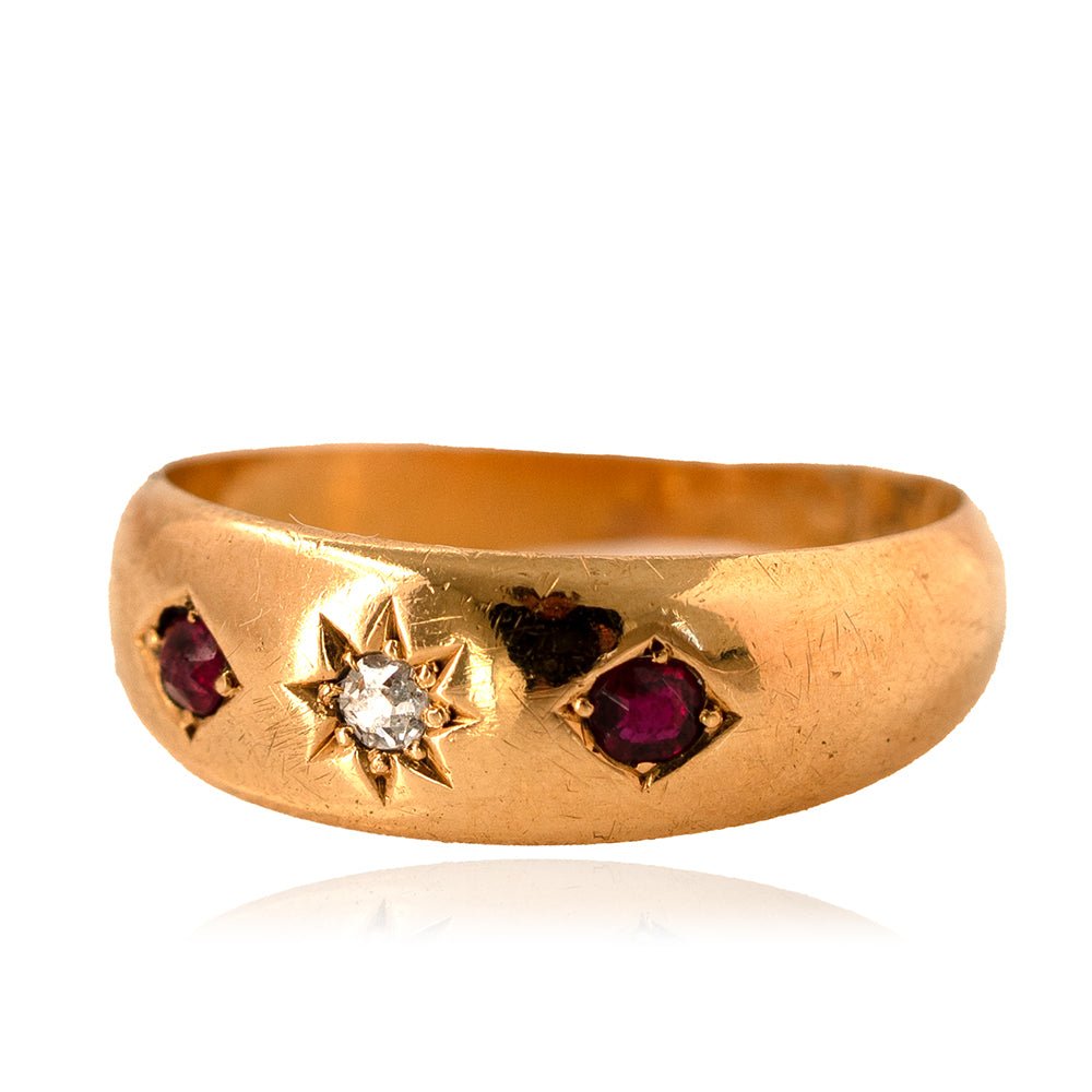 Anillo gitano antiguo de oro de 18 quilates con rubí y diamantes de 1895