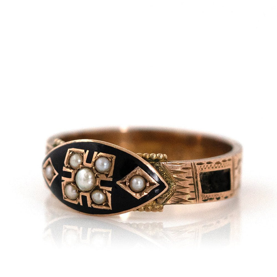 Antique 1897 Enamel Hair 9ct Gold Mourning Ring