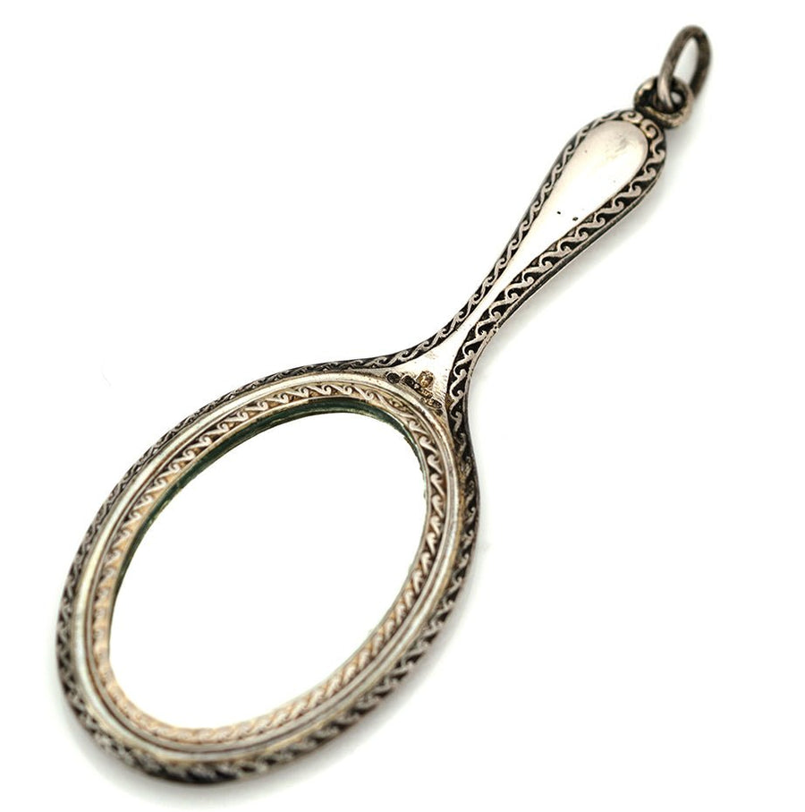 Antique 1900 Purple Guilloché Enamel Silver Chatelaine Mirror Necklace