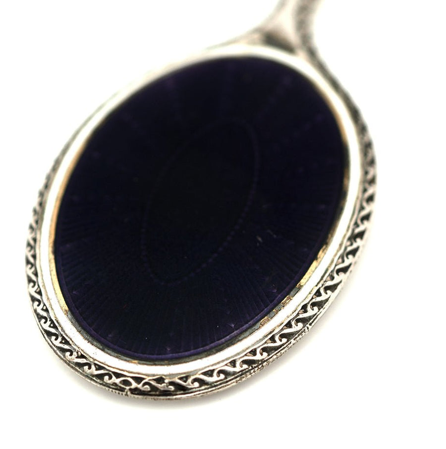 Antique 1900 Purple Guilloché Enamel Silver Chatelaine Mirror Necklace