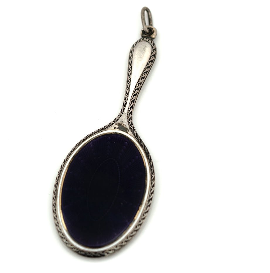 Antiguo espejo collar tipo chatelaine de plata con esmalte guilloché morado de 1900, view 5