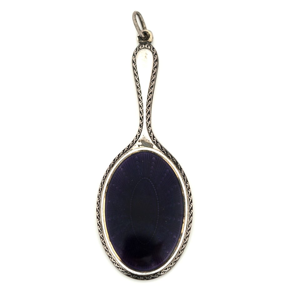Antiguo espejo collar tipo chatelaine de plata con esmalte guilloché morado de 1900