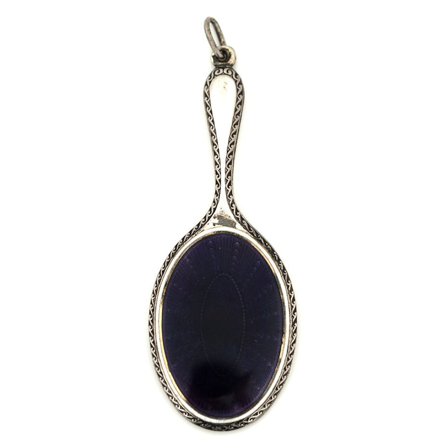 Antique 1900 Purple Guilloché Enamel Silver Chatelaine Mirror Necklace