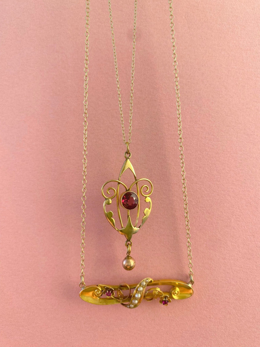 Antique 1910 Garnet Lavalier Necklace