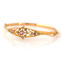 Edwardian 1911 Pink Tourmaline and Seed Pearl 15K Gold Antique Bangle