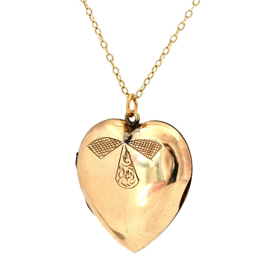 Antique 1930s Yellow Gold Bow Heart Locket Necklace