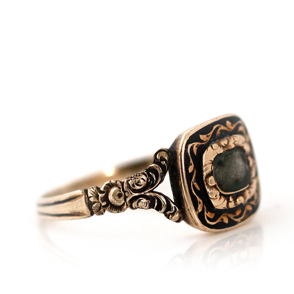 Victorian 1860–1880 Gold Black Enamel Mourning Antique Ring, view 6