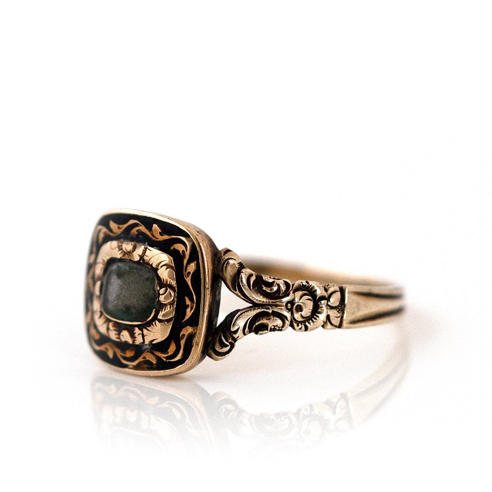 Victorian 1860–1880 Gold Black Enamel Mourning Antique Ring, view 7