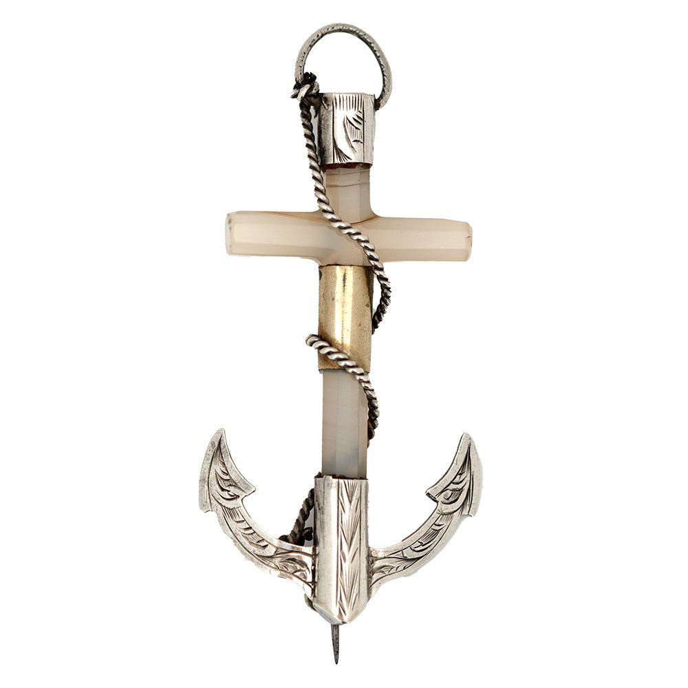 Antique c.1870s Victorian Agate Anchor Brooch & Pendant
