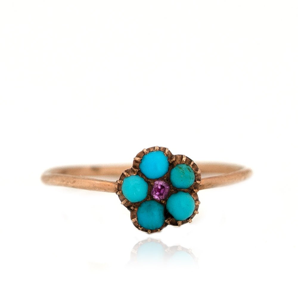 Anillo antiguo c.1890 de oro rosa de 9 quilates con flor de turquesa y rubí