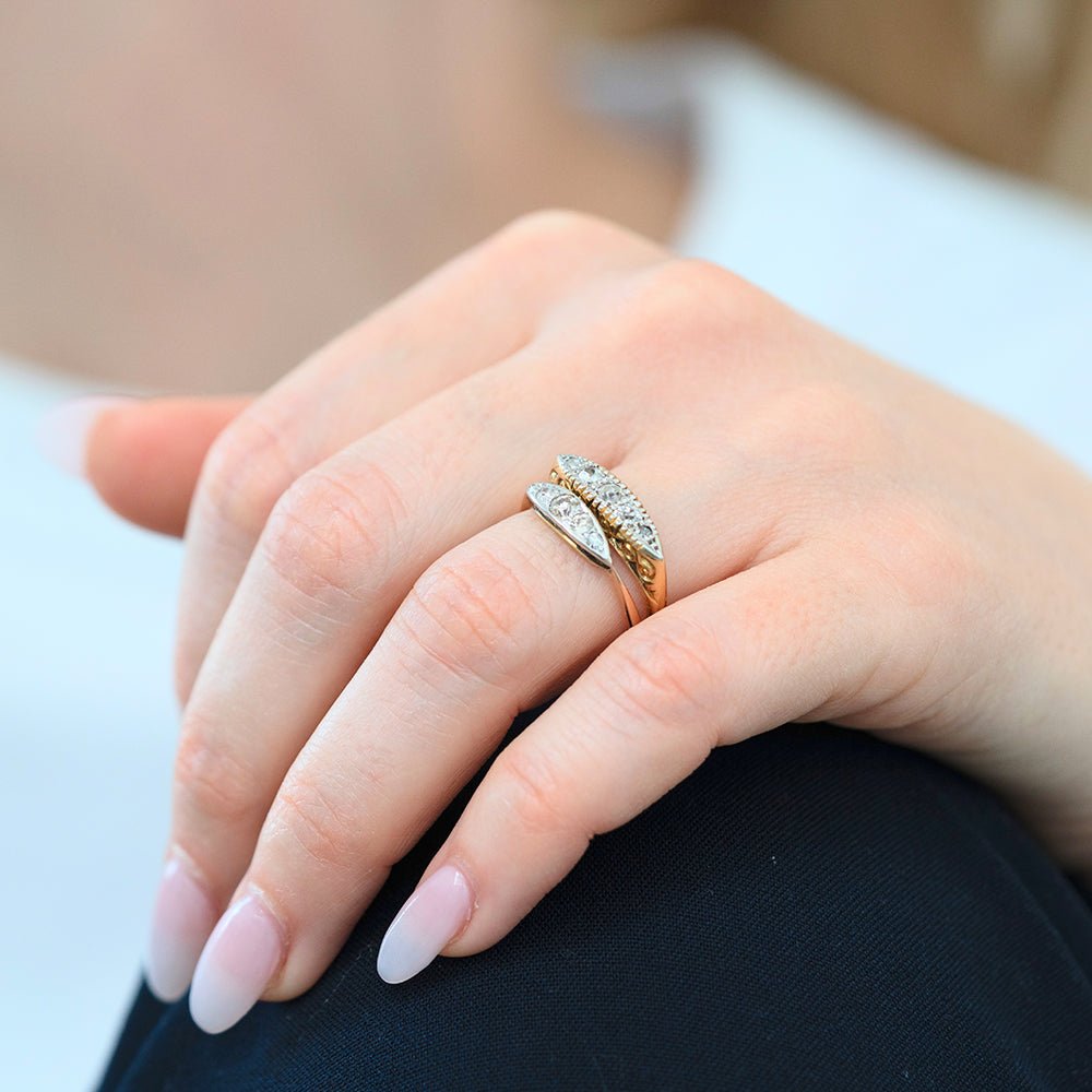 Edwardian Five-Stone Old Cut Diamond 18K Gold and Platinum Antique Engagement Ring, view 7