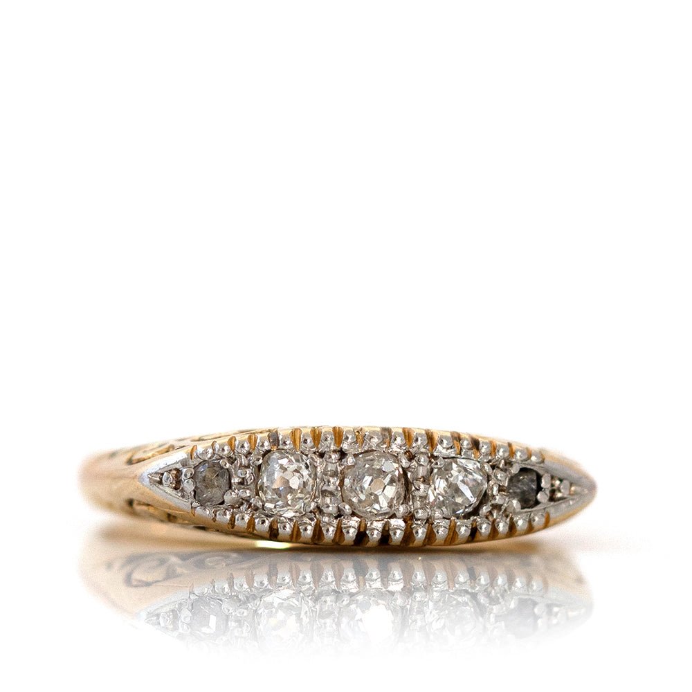 Anillo antiguo de cinco diamantes de oro de 18 quilates y platino