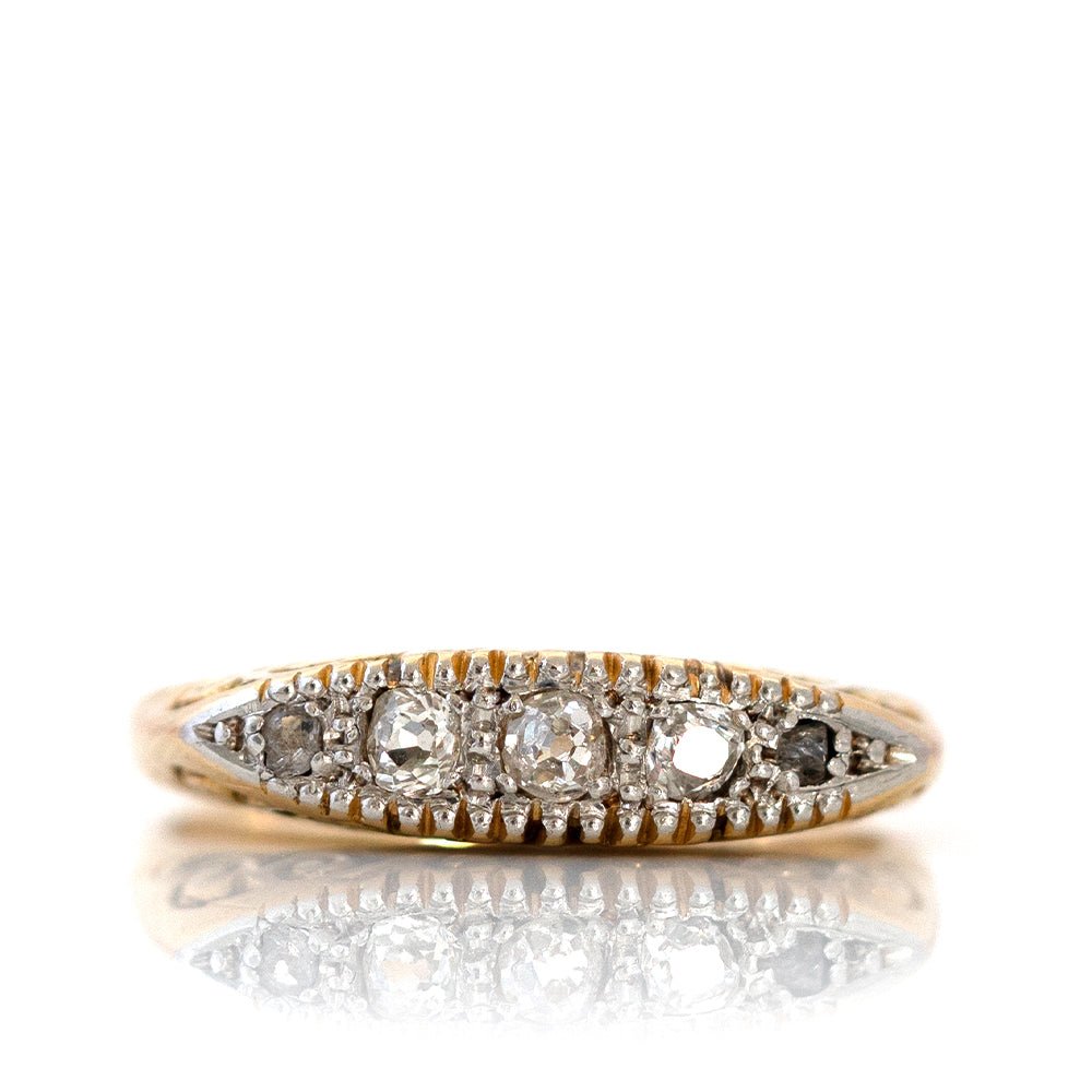Edwardian Five-Stone Old Cut Diamond 18K Gold and Platinum Antique Engagement Ring, view 12