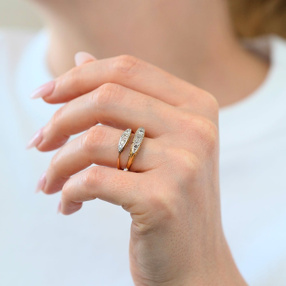 Edwardian 0.25 Carat Five-Stone Diamond 18K Gold and Platinum Navette Antique Engagement Ring, view 5