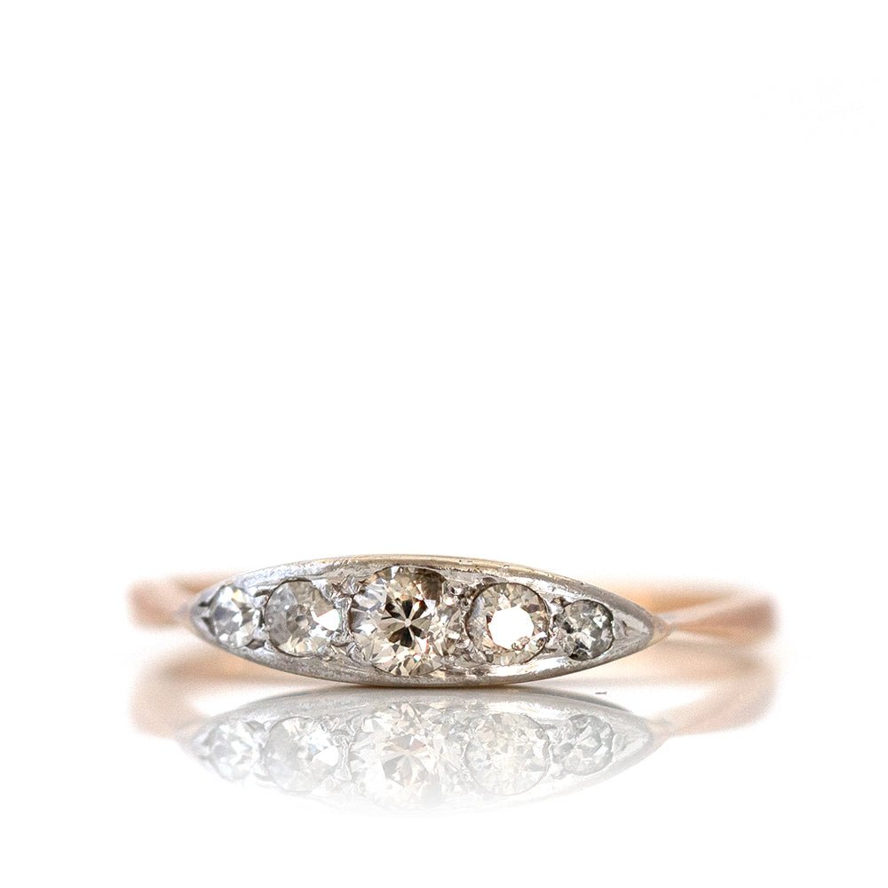 Edwardian 0.25 Carat Five-Stone Diamond 18K Gold and Platinum Navette Antique Engagement Ring