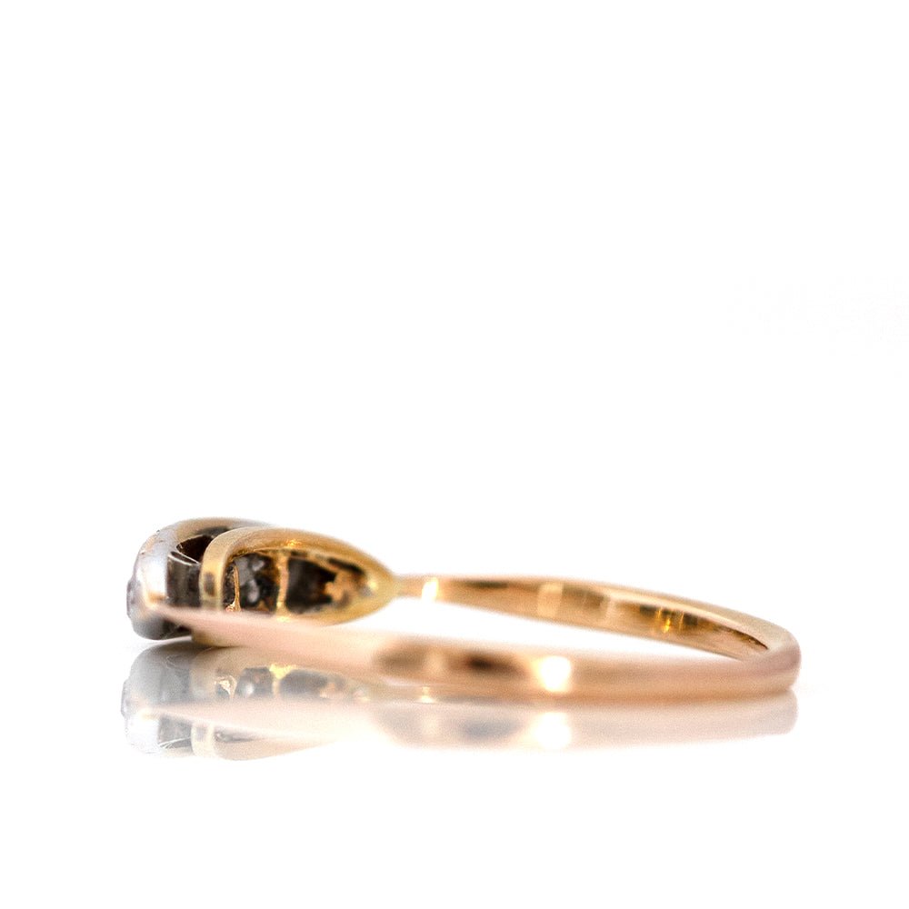 Edwardian 0.25 Carat Five-Stone Diamond 18K Gold and Platinum Navette Antique Engagement Ring, view 7