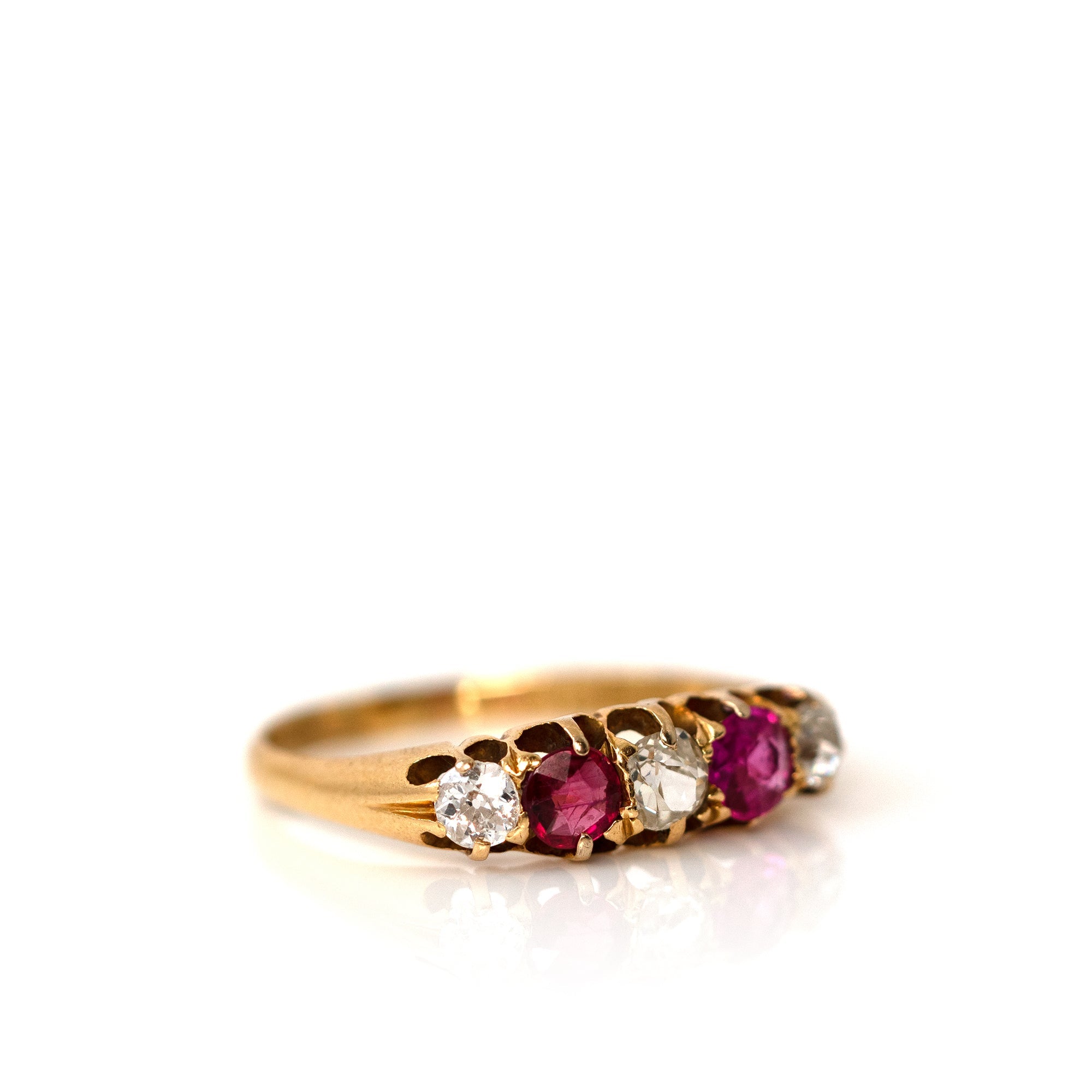 Edwardian 1908 Ruby and Old Cut Diamond Five-Stone 18K Gold Antique Ring, view 6