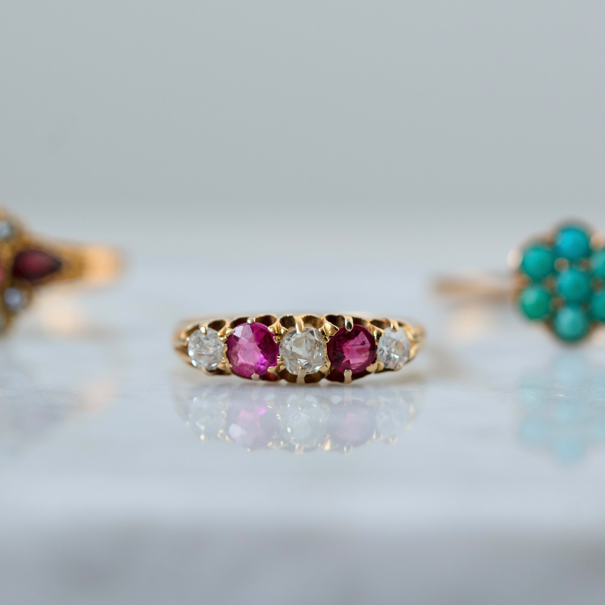 Edwardian 1908 Ruby and Old Cut Diamond Five-Stone 18K Gold Antique Ring, view 2