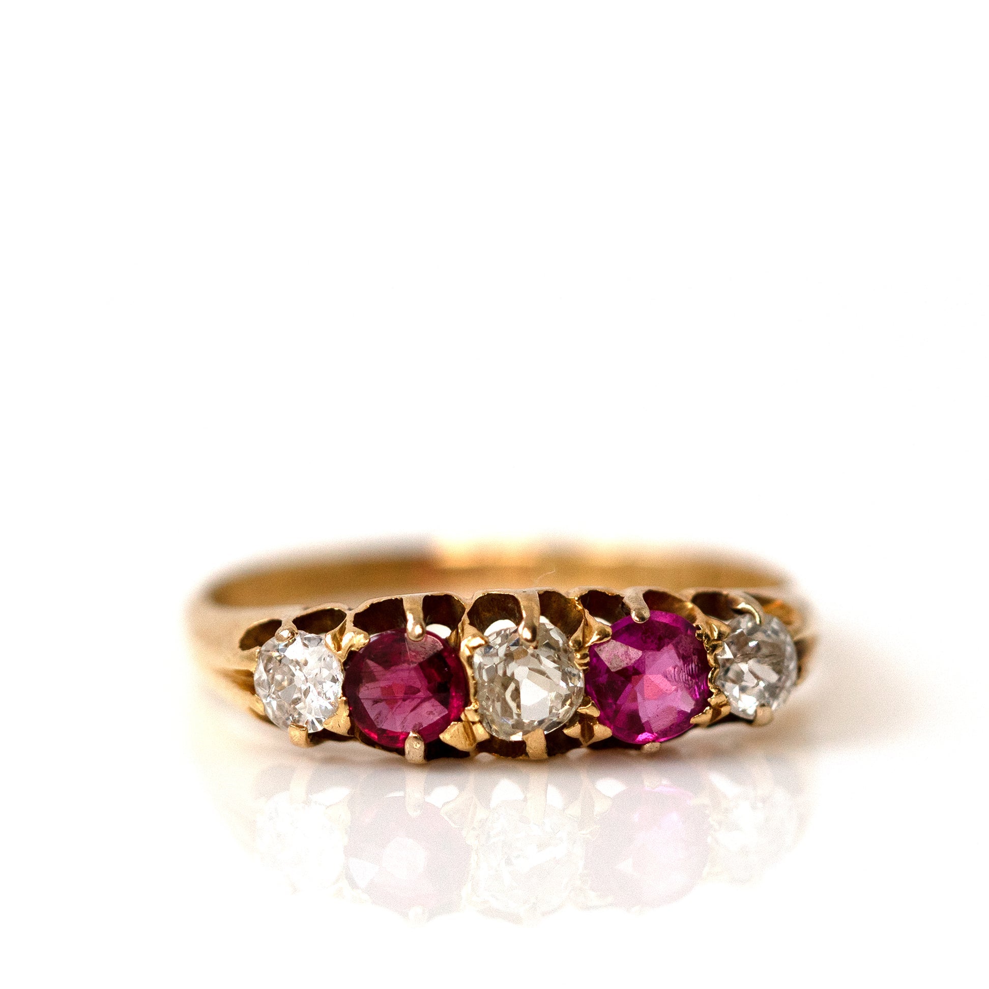 Edwardian 1908 Ruby and Old Cut Diamond Five-Stone 18K Gold Antique Ring