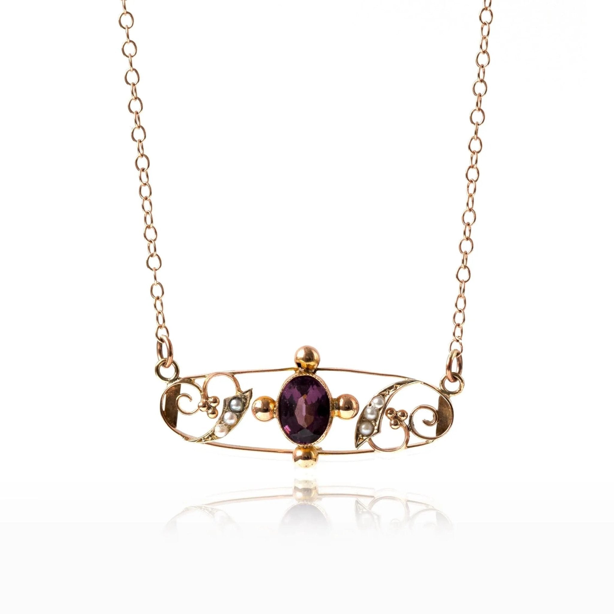 Edwardian Amethyst and Seed Pearl 9K Rose Gold Antique Bar Necklace