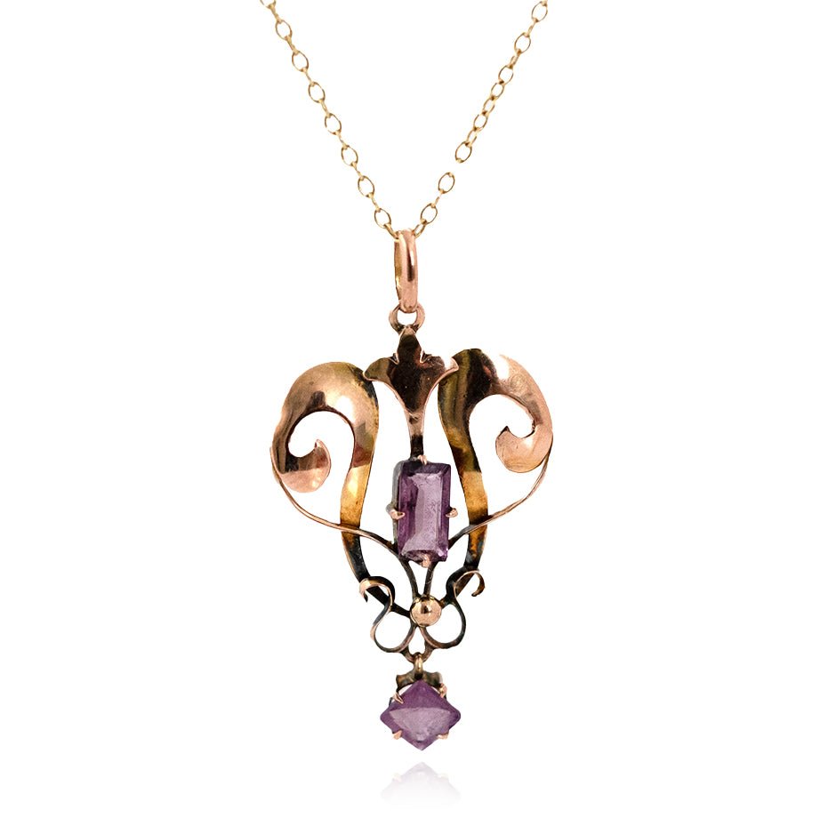 Collar con colgante lavalier de amatista en oro rosa de 9 quilates, estilo eduardiano, circa 1910