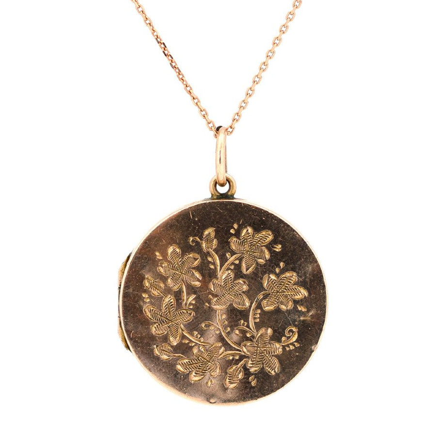 Antique Edwardian Engraved Rose Gold Floral Locket Necklace