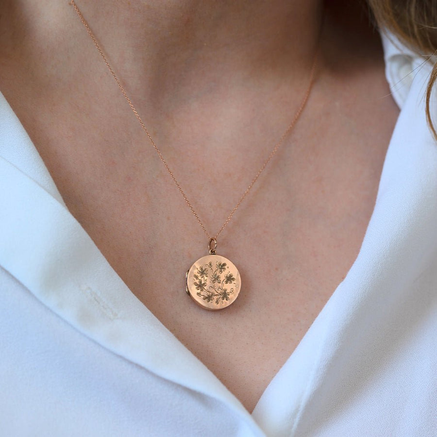 Antique Edwardian Engraved Rose Gold Floral Locket Necklace