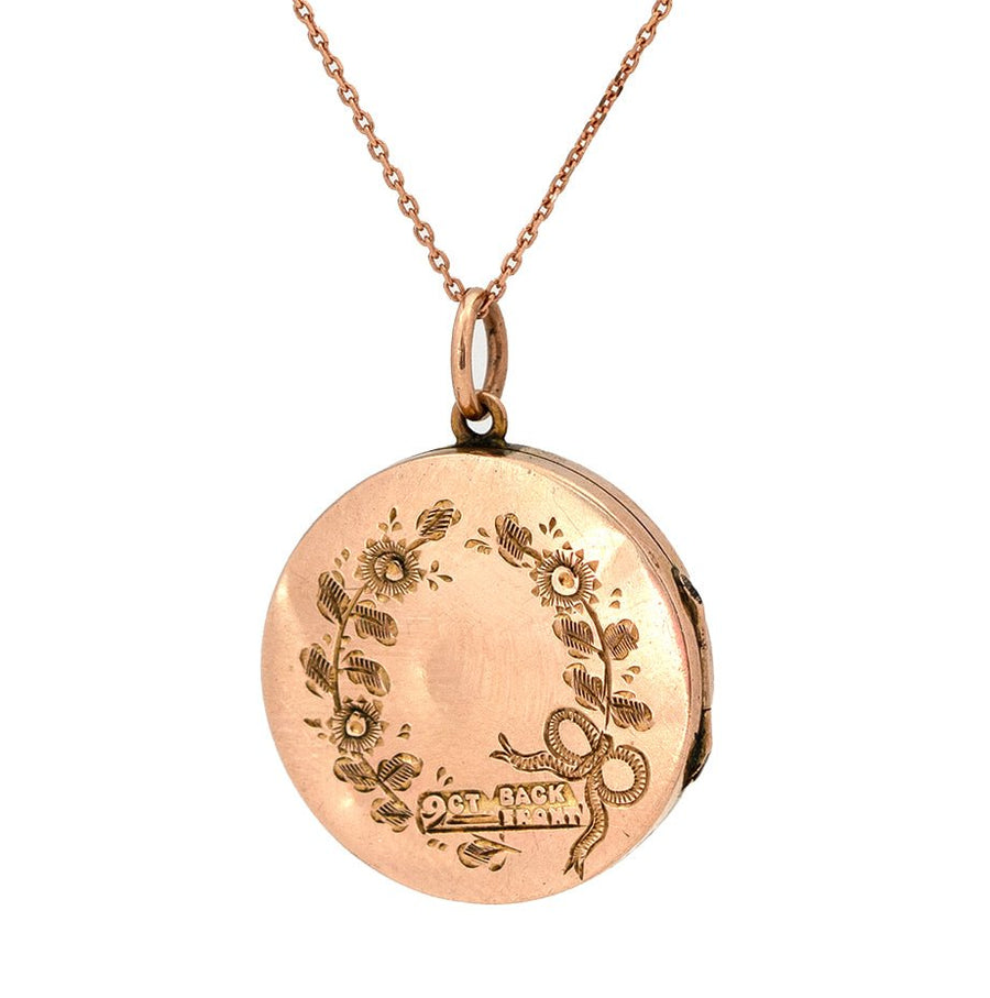 Antique Edwardian Engraved Rose Gold Floral Locket Necklace