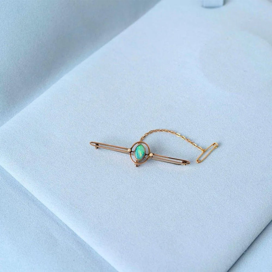 Antique Edwardian Opal Seed Pearl 9ct Gold Brooch