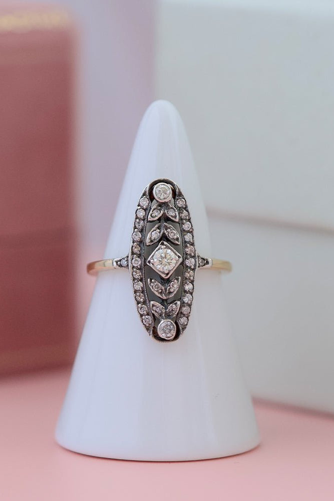 Edwardian 0.40 Carat Old Cut Diamond Platinum and 18K Gold Navette Antique Engagement Ring, view 2