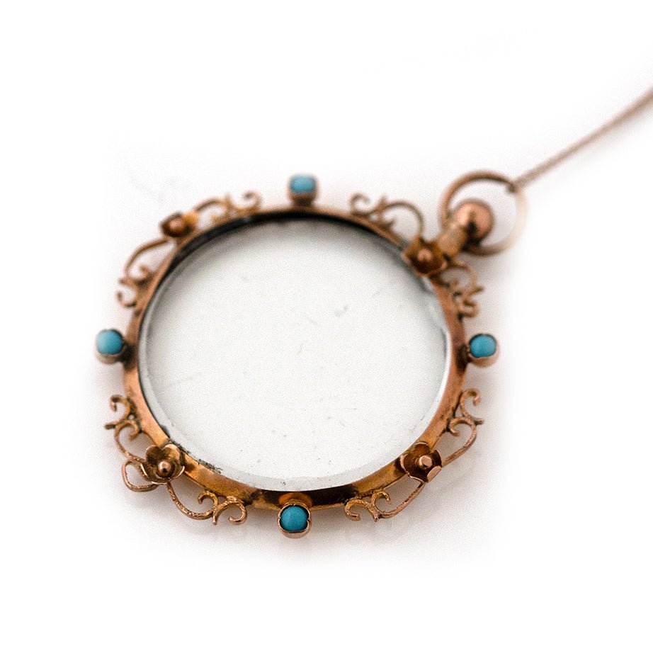 Antique Edwardian Turquoise 9ct Gold Glass Locket Necklace, view 6