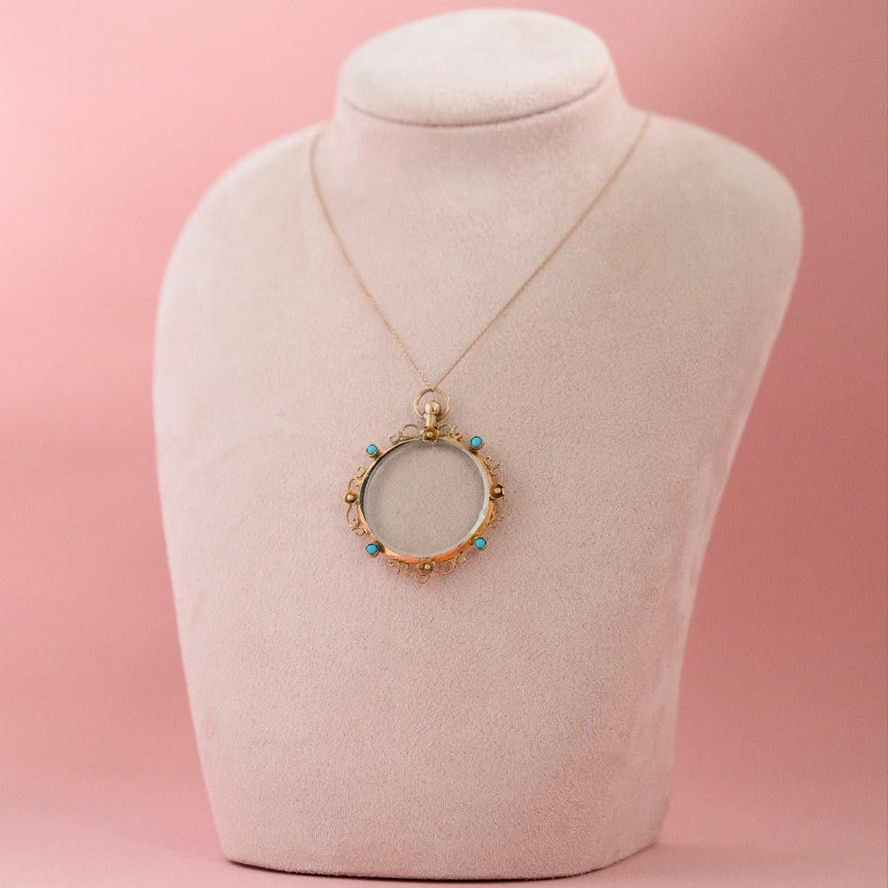 Antique Edwardian Turquoise 9ct Gold Glass Locket Necklace, view 2