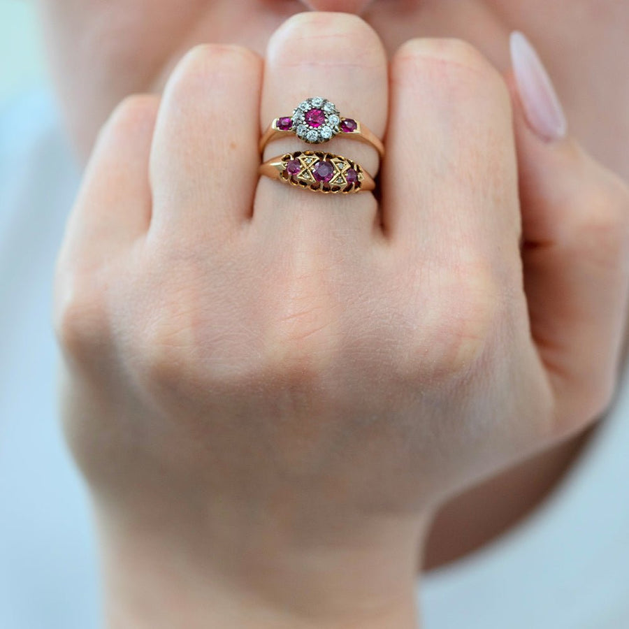 Antique Ruby Diamond 18ct Gold Halo Ring