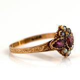 Antique Victorian 1872 Garnet Seed Pearl 15ct Ring